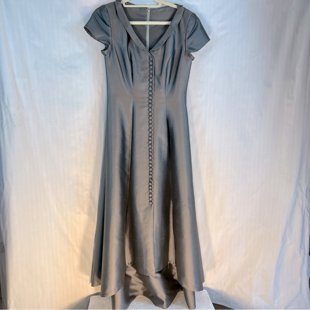 Vintage Formal Maxi Dress Gray Quality Handmade Cap Sleeves Sateen  Gown S